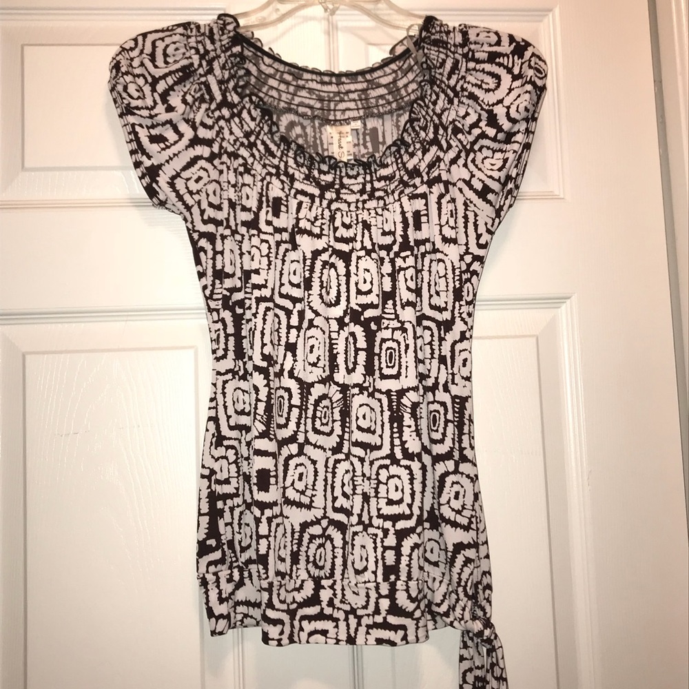 Brown & White Short Sleeved Shirt With Tie On Side